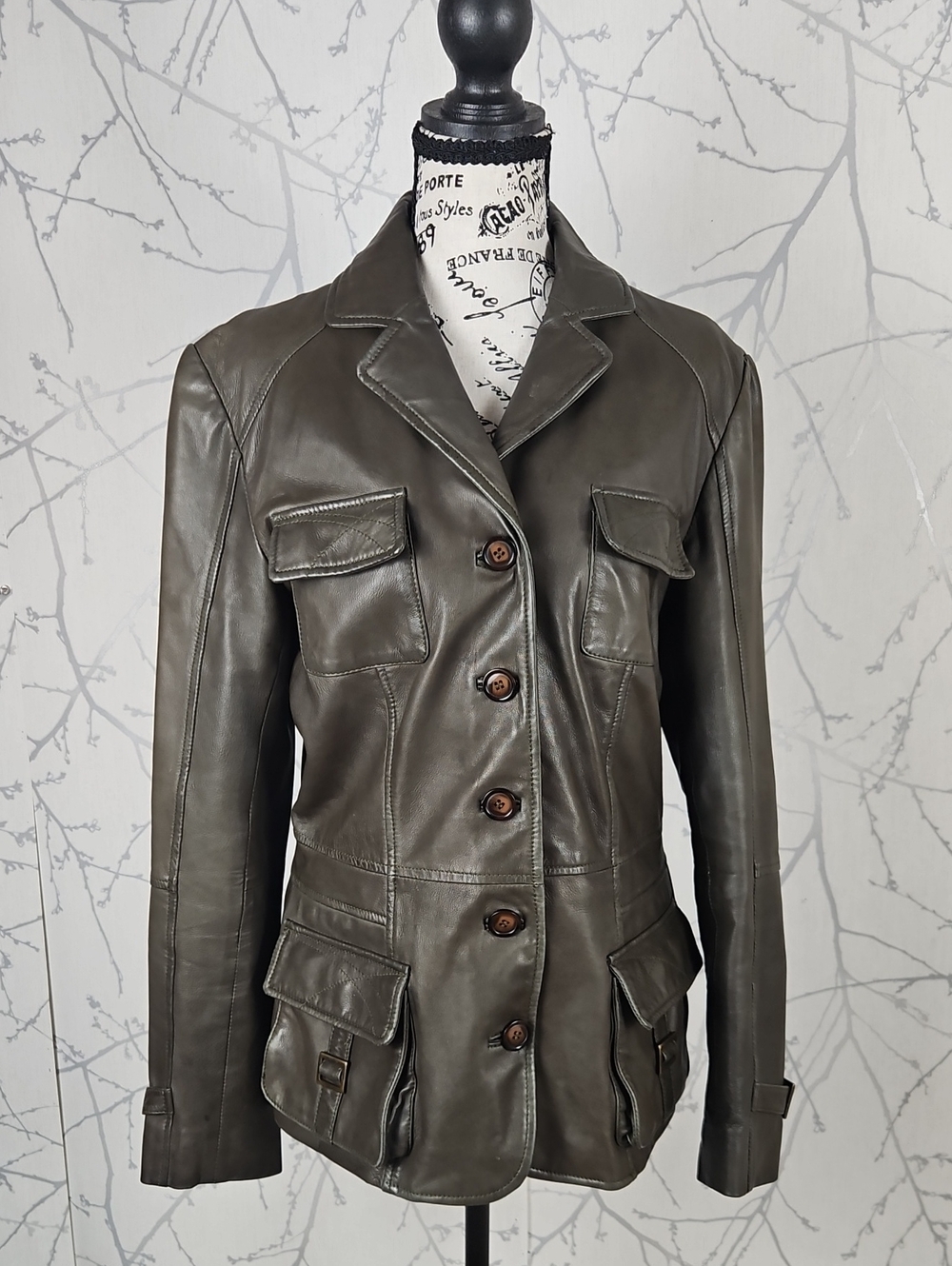 Danier Dark Olive Genuine Leather Button Front Utility Jacket